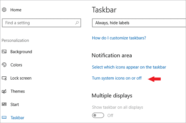 turn sytem icons on or off to fix volume icon missing windows 10