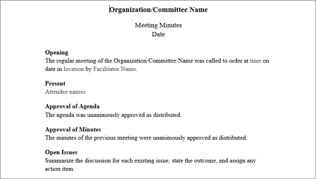 organization meeting long form