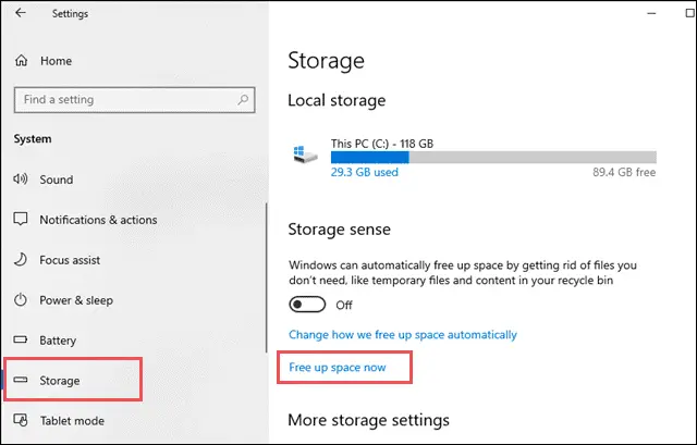Click on Free up space now