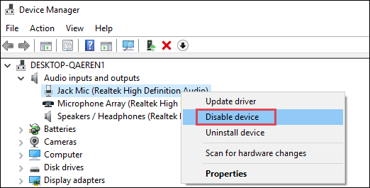 Disable device using Device Manager when headset mic not working windows 10