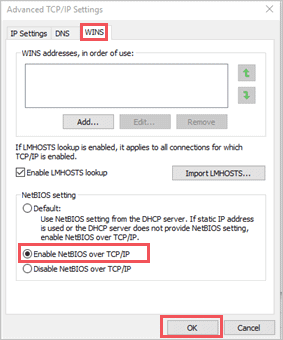 Enable NetBIOS over TCP/IP to fix no internet secured windows 10