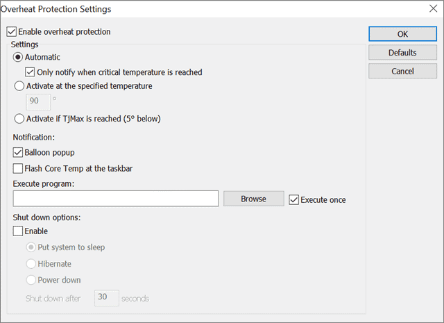 Enable overheat protection to check cpu temperature in windows 10