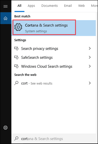 Search for Cortana & Search settings