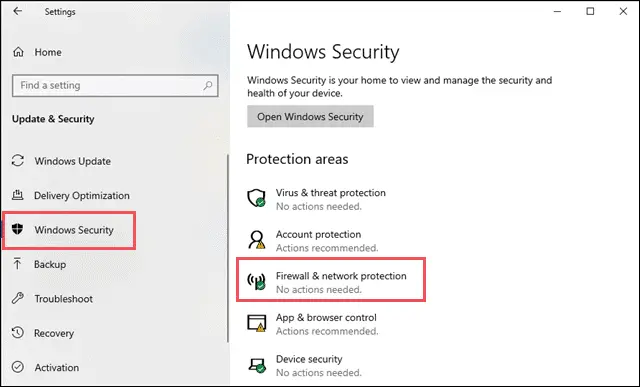 Open Firewall and network protection in Windows