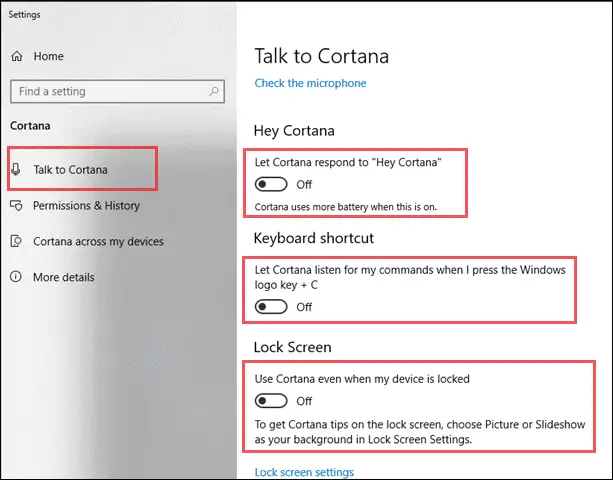 disable cortana from settings app