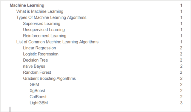 Example of Table of Content in Google docs