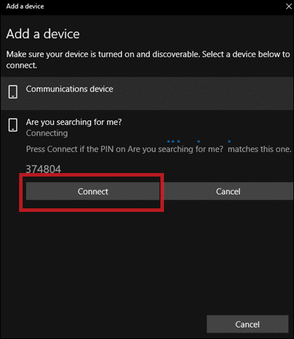 connect the devices by entering the code to use bluetooth on windows 10