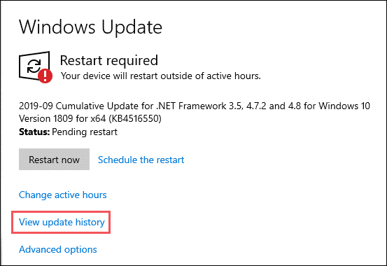 Open update history to fix blue screen of death