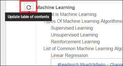 click to update table of contents in Google docs