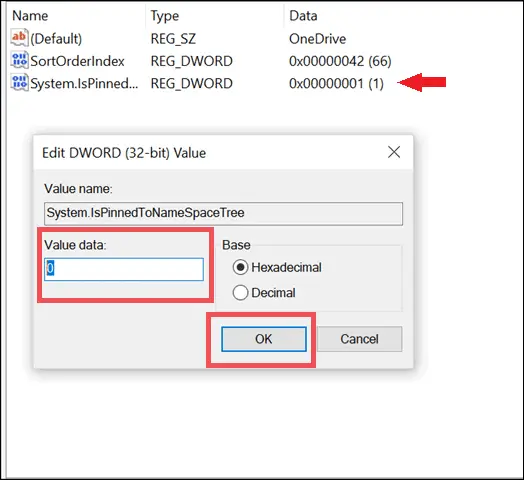 edit dword to remove onedrive from file explorer