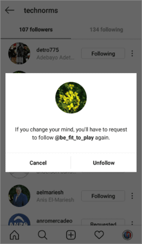 Click on Unfollow to unfollow instagram users