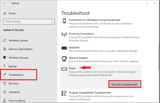 Run the troubleshooter for Power