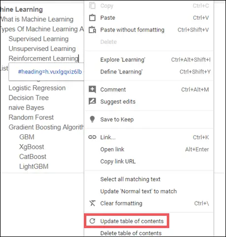 update table of contents in Google docs