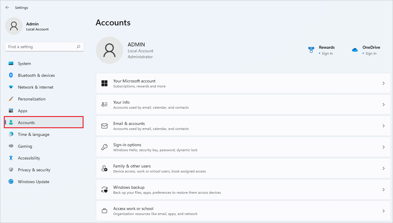 Windows 11 Accounts Settings