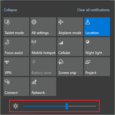 Action Center to Control brightness Windows 10
