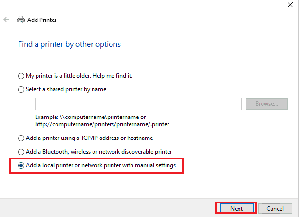Select Add a local printer or network printer with manual settings