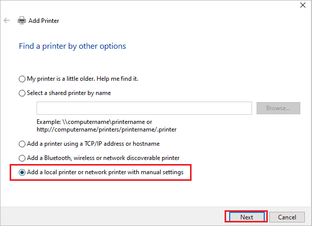 Select Add a local printer or network <a href=