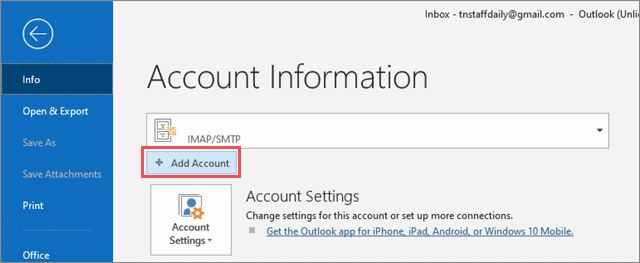 Add new account in Outlook
