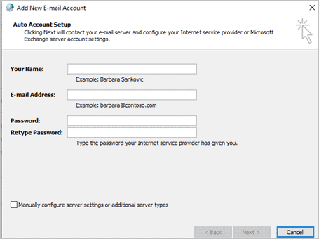 Add new email account to fix cannot start microsoft outlook