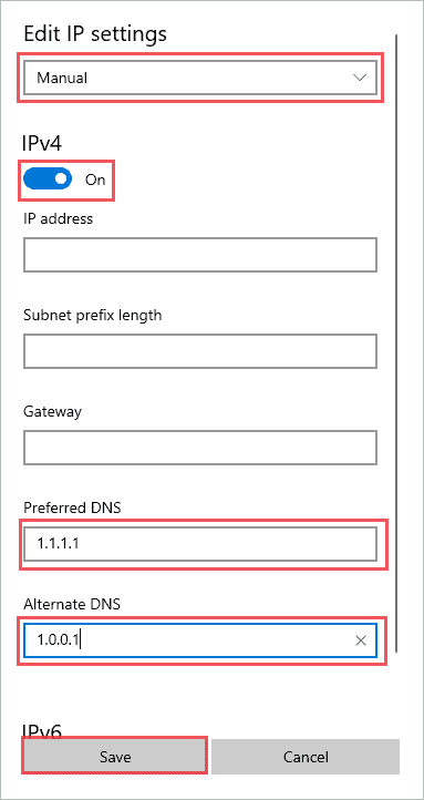 Add preferred DNS and Alternate DNS