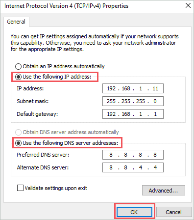 Add the address manually to fix the default gateway is not available windows 10