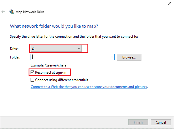 Add details to configure the network drive