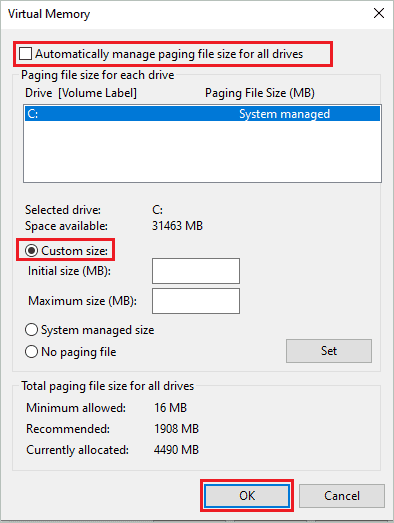 Change virtual memory size for how to increase VRAM