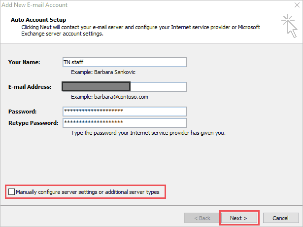 Adding a new gmail account to outlook manually