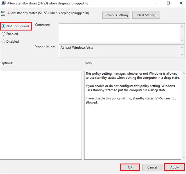 Allow standby states when sleeping plugged in not configured