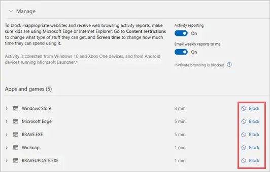 App Activity windows family safety