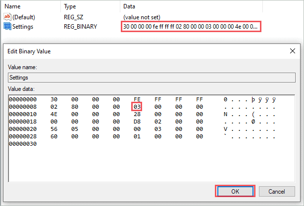 Change the 13th value in the Settings registry value