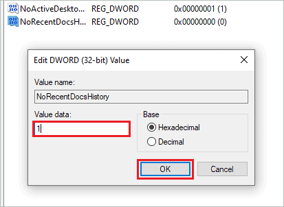 Change Value data of NoRecentDocsHistory To Clear Recent Files In Windows 10