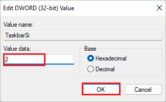 Change TaskbarSi value for how to resize taskbar