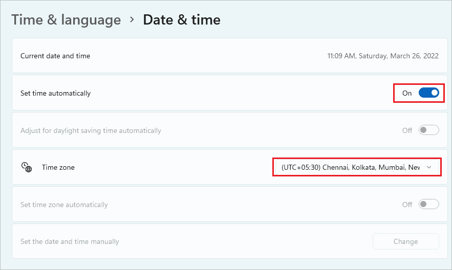 Change Time Zone and enable Set time automatically to know how to change time on Windows 11