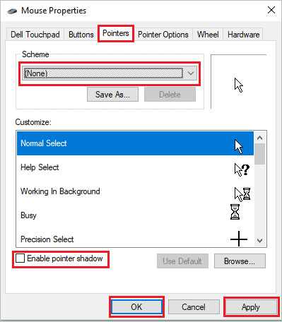 Make changes in the Pointer tab