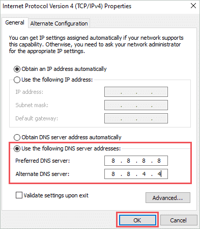 Change the DNS server address to fix ethernet not working windows 10