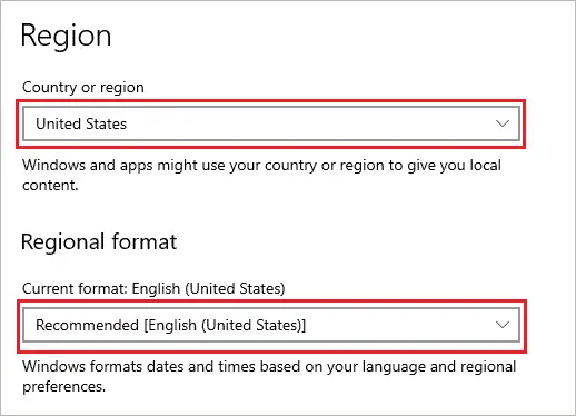 Select Region and Regional format to fix Windows Spotlight not working