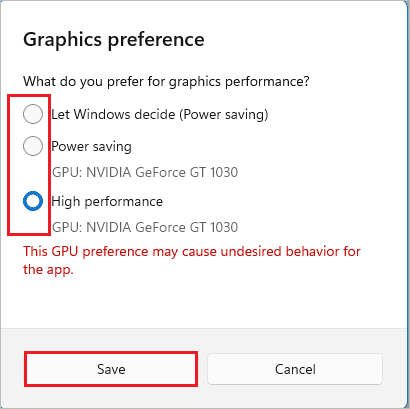 Change graphics preference for app