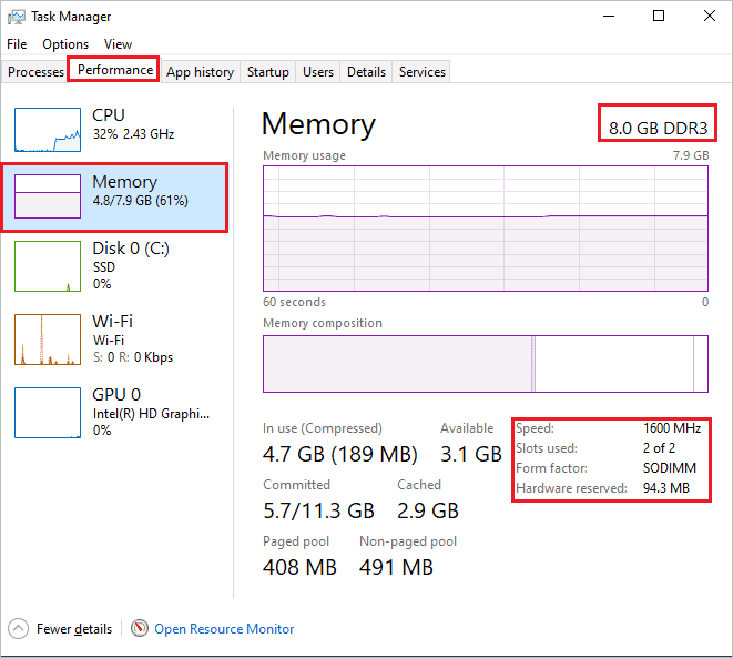 Check out RAM details Windows 10