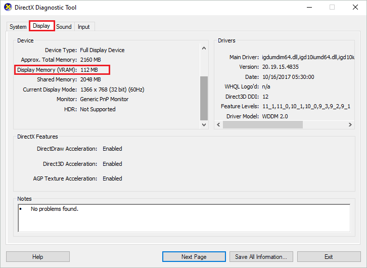 Check VRAM in DirectX Diagnostic tool