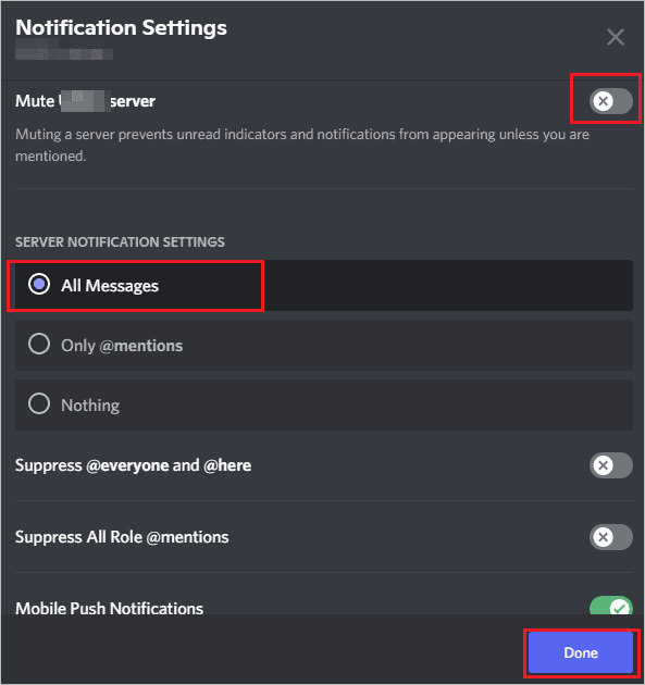 Modify Server notification settings