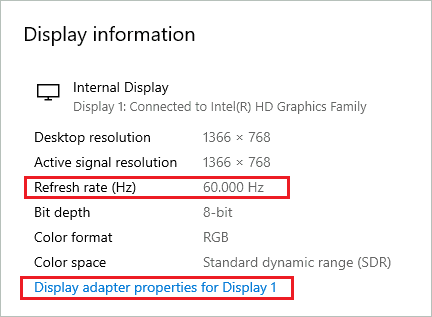 Click Display adapter properties for Display 1 to Fix 144Hz Option Not Showing