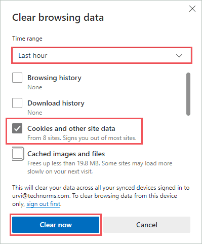 Click on the Clear now button to fix request header or cookie too large