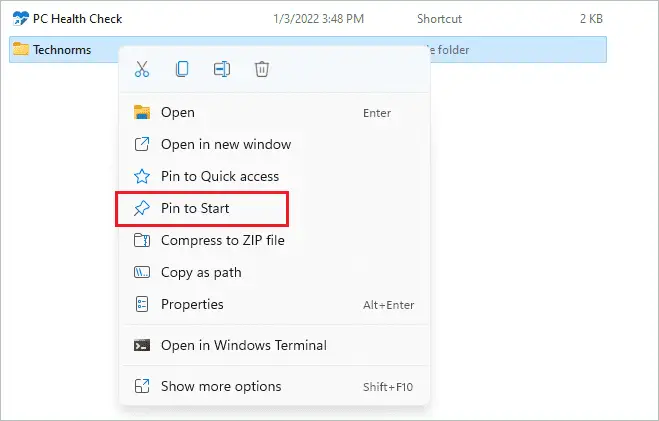 Pin the folder to Start to Customize Windows 11 Start Menu