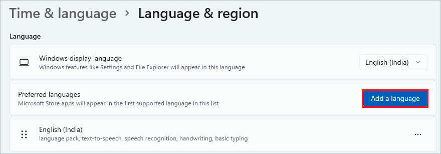 Click on Add a language for how to change display language in windows 11