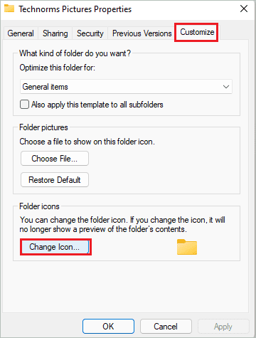 Click on change icon in properties window