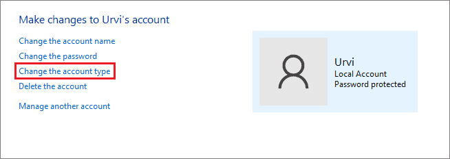 Click on Change the account type in Control Panel