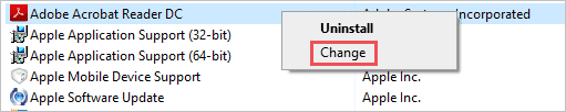 Click on Change to open Acrobat Reader Repair window