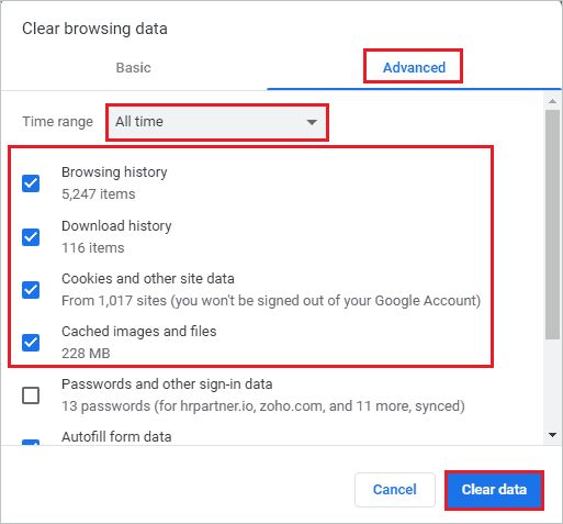 Clear browsing history, cache, and cookies