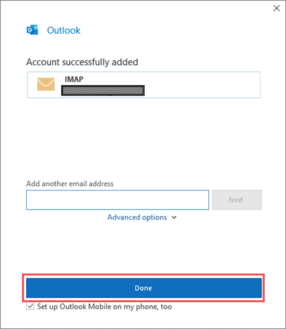 Click on Done to add the gmail to outlook
